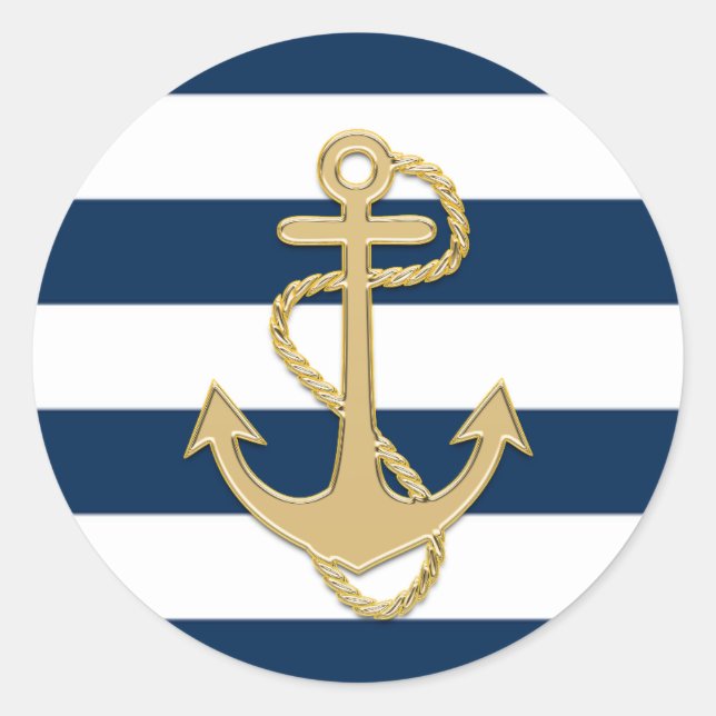 Nautical Navy Blue White Stripes Gold Anchor Classic Round Sticker (Front)
