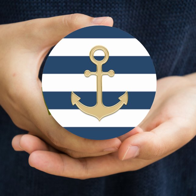 Nautical Navy Blue White Stripes Gold Anchor Classic Round Sticker (Creator Uploaded)