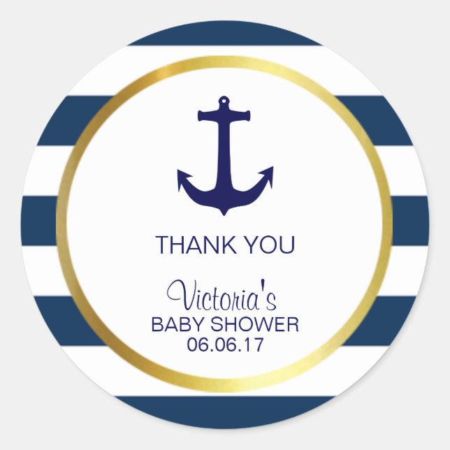 Nautical Navy Blue White Stripes Gold Baby Shower Classic Round Sticker (Front)