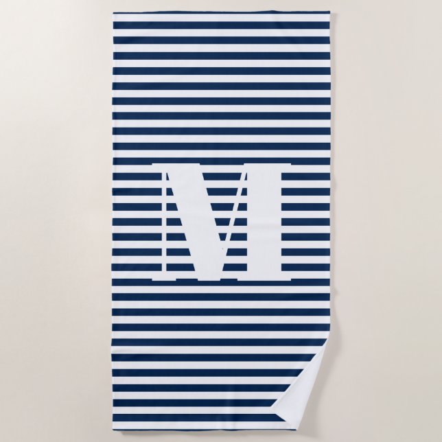 Nautical navy blue white stripes monogram initial beach towel (Front)