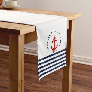 Nautical Navy Blue White Stripes & Red Anchors Short Table Runner