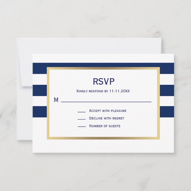 Nautical Navy Blue White Stripes RSVP Wedding Card (Front)