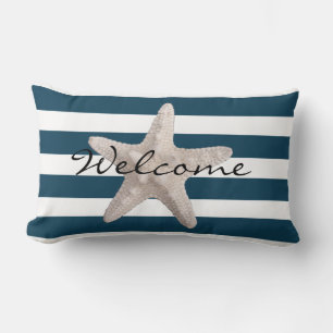 Nautical Navy Blue White Stripes Starfish Welcome Lumbar Cushion