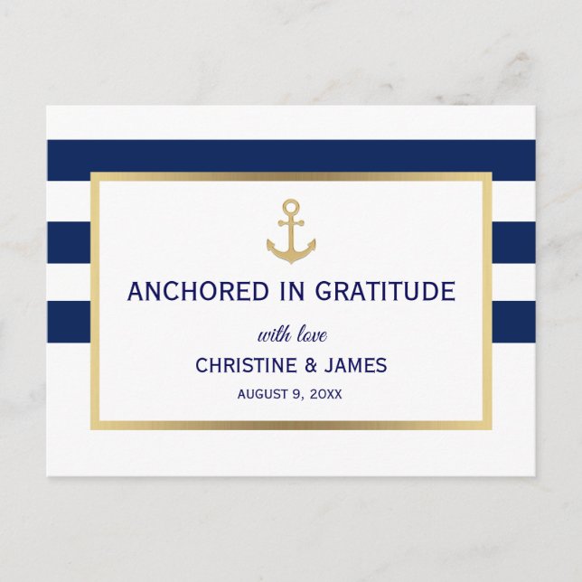 Nautical Navy Blue White Stripes Thank You Wedding Postcard (Front)