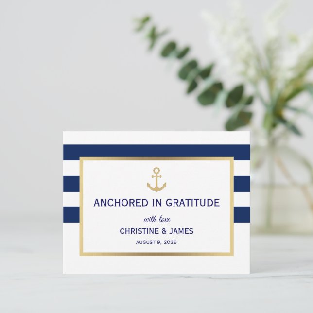 Nautical Navy Blue White Stripes Thank You Wedding Postcard (Standing Front)