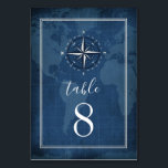 Nautical Navy Blue & White Vintage Compass Wedding Table Number<br><div class="desc">Nautical Navy Blue & White Vintage Compass Wedding Table Number Cards - feature a vintage navy blue watercolor world map (globe) background with elegant white typography and an antique compass at the top. The back features the same printed old paper parchment design in navy blue. View the matching collection on...</div>
