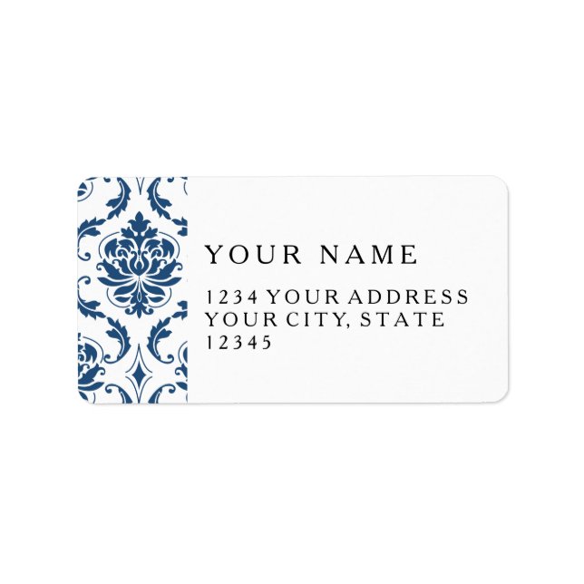 Nautical Navy Blue White Vintage Damask Pattern Label (Front)