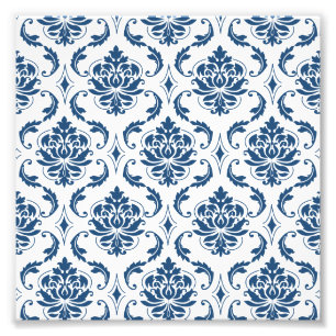 Nautical Navy Blue White Vintage Damask Pattern Photo Print