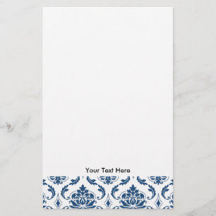Nautical Navy Blue White Vintage Damask Pattern Stationery