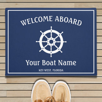Nautical Navy Blue White Welcome Aboard Boat Helm Doormat