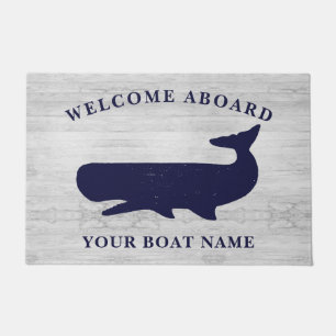 Nautical Navy Blue White Welcome Aboard Boat Name  Doormat