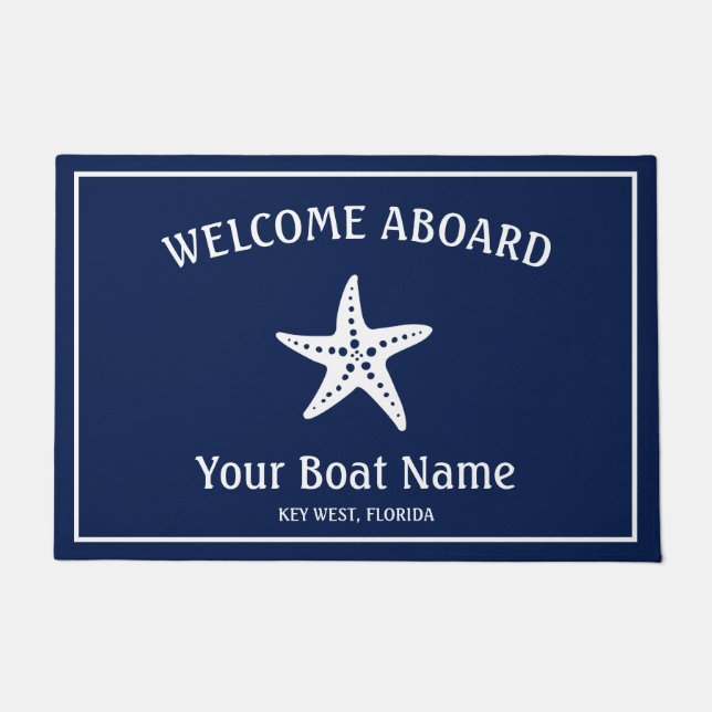 Nautical Navy Blue White Welcome Aboard Starfish Doormat (Front)