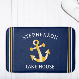 Nautical Navy Blue White Yellow Custom Family Lake Bath Mat