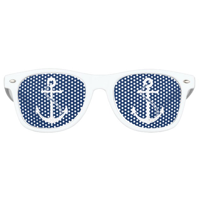 Nautical Navy Blue with White Anchor Retro Sunglasses (Front)