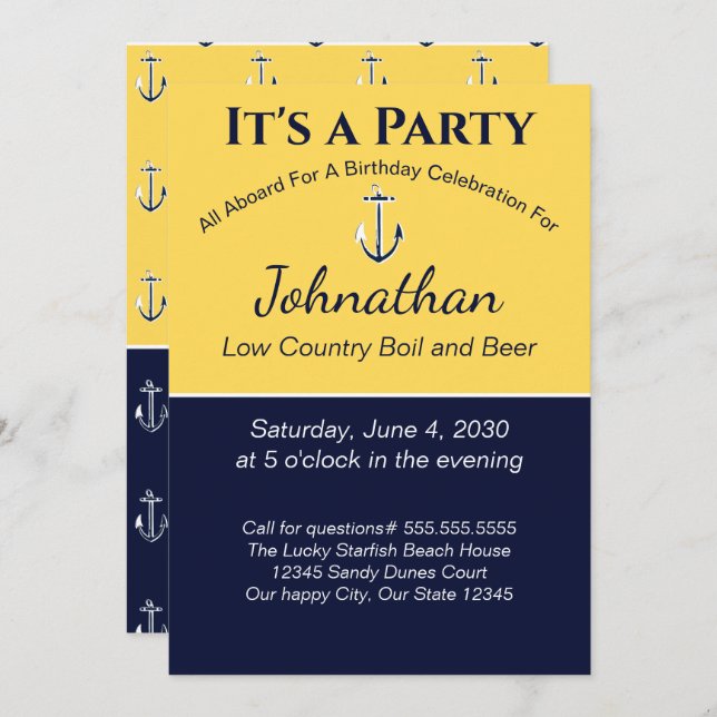 Nautical Navy Blue Yellow Anchor Birthday Party Invitation (Front/Back)