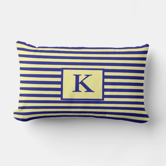 Nautical Navy Blue Yellow Monograms Stripes Cute Lumbar Cushion (Front)