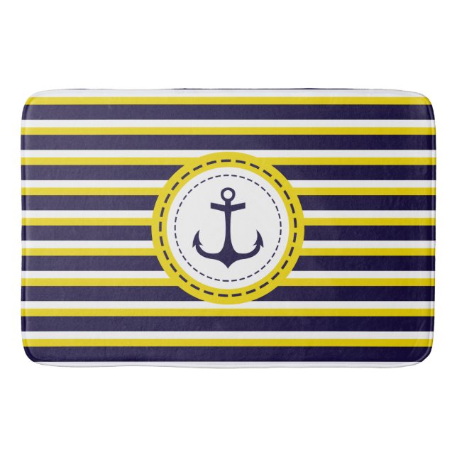 Nautical Navy Blue Yellow Stripes Anchor Design Bath Mat (Front)