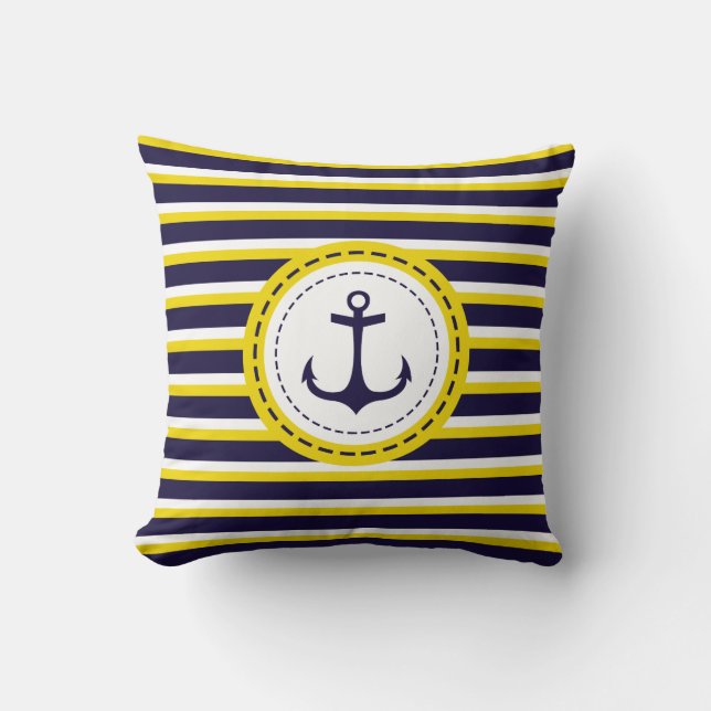 Nautical Navy Blue Yellow Stripes Anchor Design Cushion (Front)