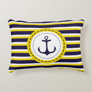 Nautical Navy Blue Yellow Stripes Anchor Design Decorative Cushion