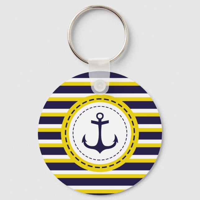 Nautical Navy Blue Yellow Stripes Anchor Design Key Ring (Front)
