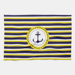 Nautical Navy Blue Yellow Stripes Anchor Design Tea Towel