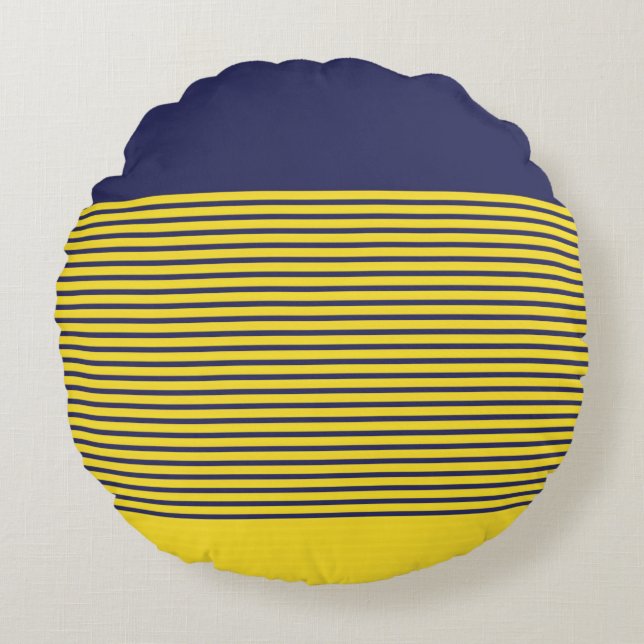 Nautical Navy Blue Yellow Stripes Round Cushion (Front)