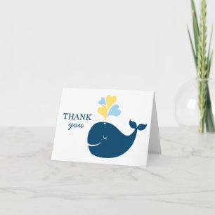 Nautical Navy Blue Yellow Whale Boy Baby Shower Thank You Card