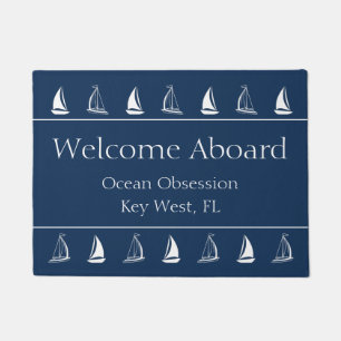 Nautical Navy Boat Name Welcome Mat with Sailboats