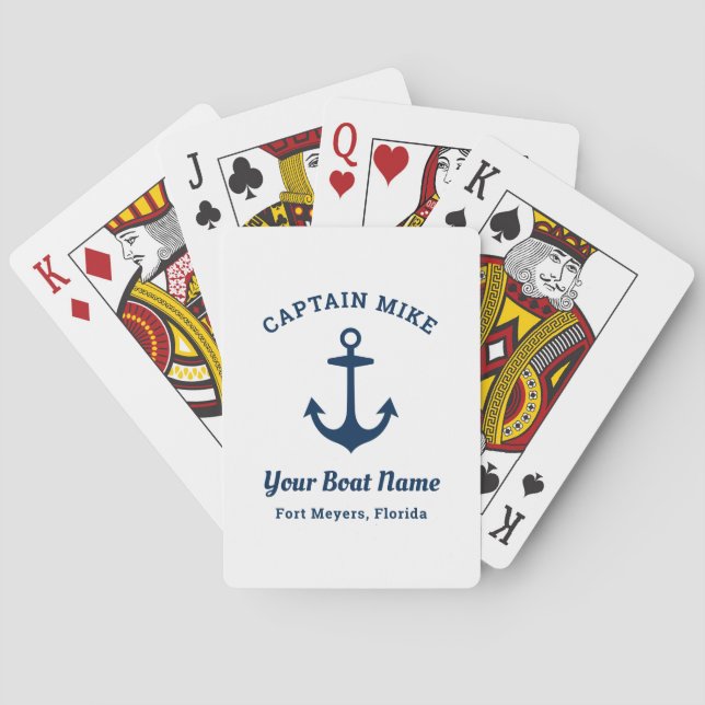 Nautical Navy Captain Boat Name Custom Playing Cards (Back)