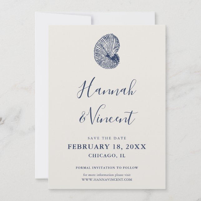 Nautical Navy Conch Save the Date Card (Front)