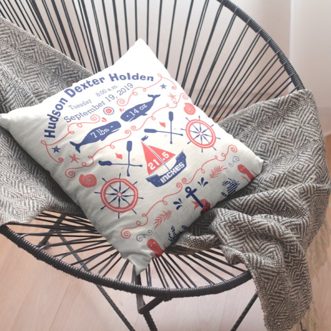 Nautical Navy Coral Boy Nursery Baby Birth Stat Cushion (Creator Uploaded)