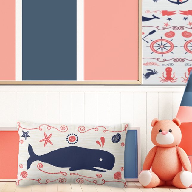 Nautical Navy Coral Boy Nursery Whales & Seashells Lumbar Cushion (Creator Uploaded)