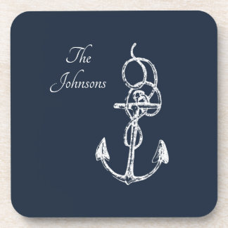 Nautical Navy Custom Family Name Anchor Coaster
