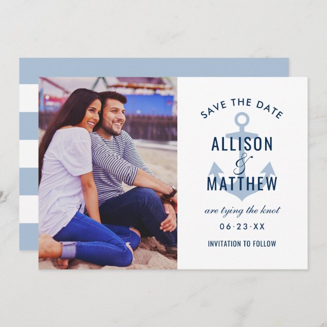 Nautical Navy Dusty Blue Anchor Wedding Photo Save The Date (Front/Back)
