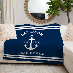 Nautical Navy Family Lake House Anchor Fleece Blanket
