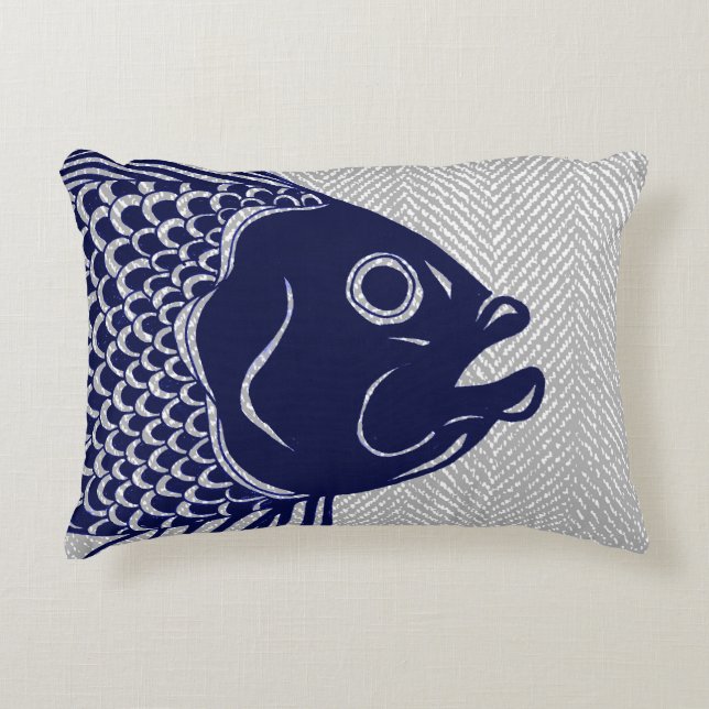 Nautical Navy Fish Head & Grey Herringbone Decorative Cushion (Front)