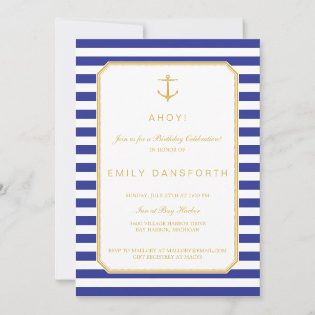 Nautical Navy & Gold Birthday Party Invitation (Front)