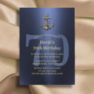 Nautical Navy & Gold Old Anchor 70th Birthday Invitation
