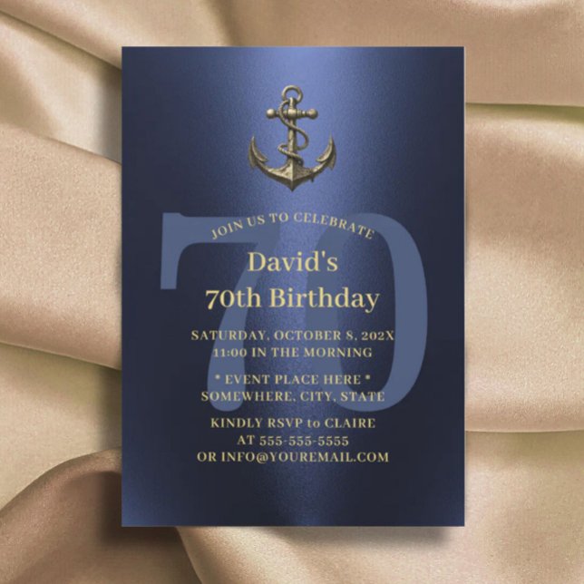 Nautical Navy & Gold Old Anchor 70th Birthday Invitation (Creator Uploaded)