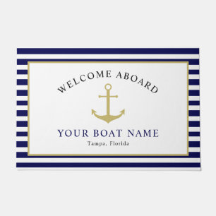 Nautical Navy Gold Welcome Aboard Boat Name Anchor Doormat