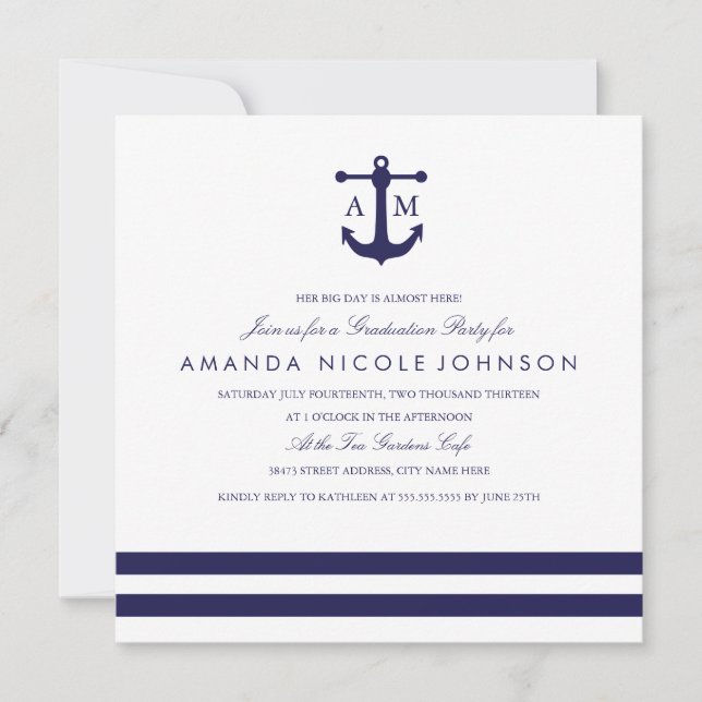 Nautical Navy Graduation Party Invite (Front)