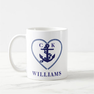 Nautical Navy Heart Anchor Wedding Monogram Coffee Mug