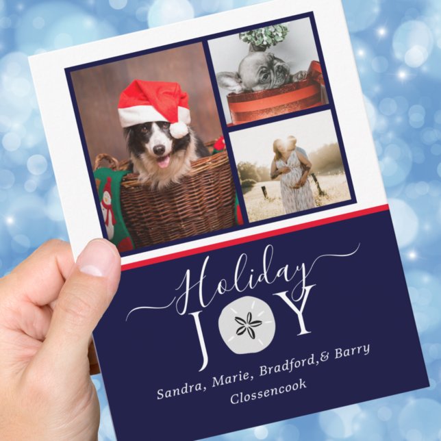 Nautical Navy Joy Sand dollar Photo Christmas card (Creator Uploaded)