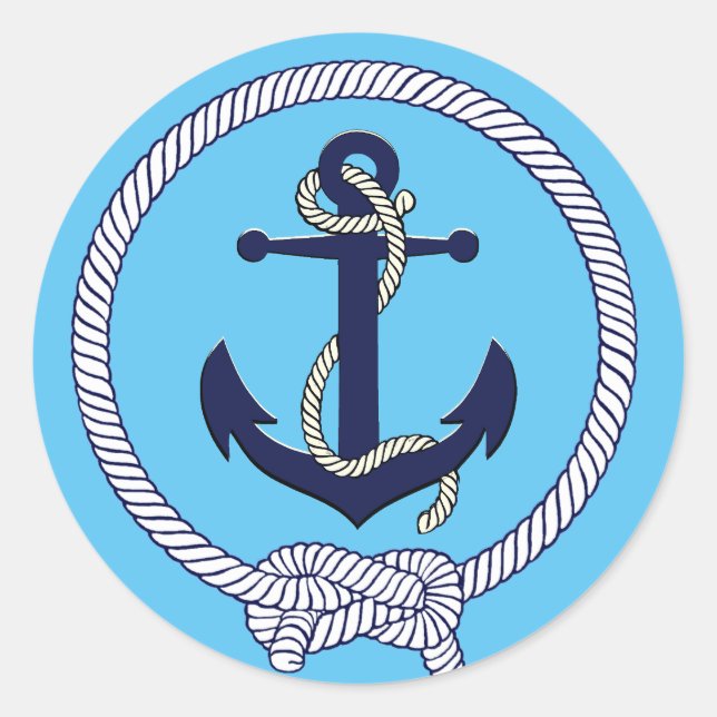 Nautical navy/light blue silhouette anchor rope classic round sticker (Front)