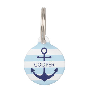 Nautical navy light blue white stripes custom name pet tag
