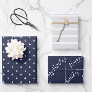 Nautical Navy & Light Grey Birthday  Wrapping  Paper Sheet