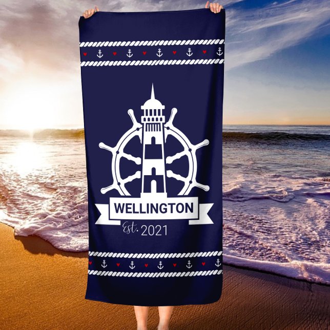 Nautical Navy Lighthouse Custom Beach Towel (Nautical Navy Lighthouse Custom Beach Towel)