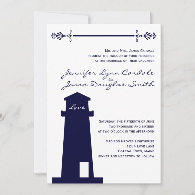 Nautical Navy Lighthouse Wedding Invitations (Front)