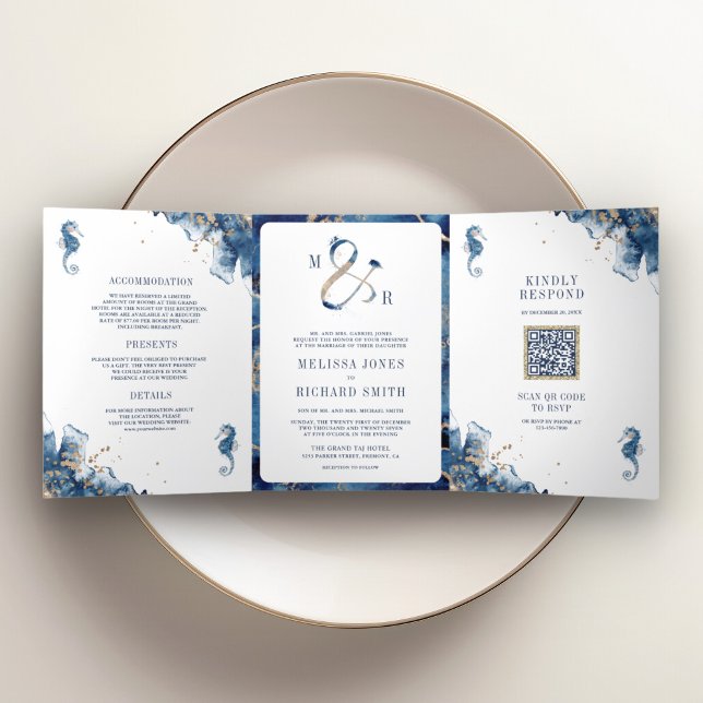 Nautical Navy Monogram Ampersand QR Code Wedding Tri-Fold Invitation (Creator Uploaded)