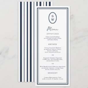 Nautical Navy Monogram Long Wedding Menu Card